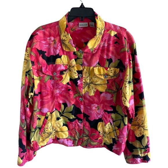 Chico’s Jackets & Blazers - Chico’s Floral Print Jacket Button Front Linen Cotton Blend Pink Floral Sz 3
